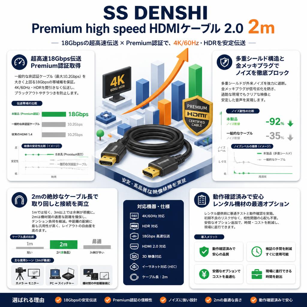 SS DENSHI Premium high speed HDMIケーブル 2.0 2m セールスポイント