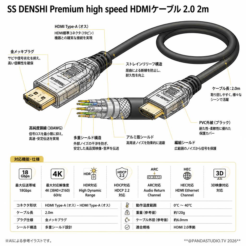 SS DENSHI Premium high speed HDMIケーブル 2.0 2m スペック