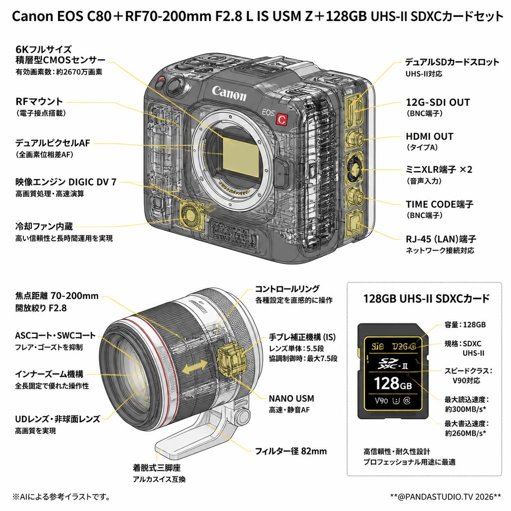 Canon EOS C80＋RF70-200mm F2.8 L IS USM Z＋128GB  UHS-II SDXCカードセット スペック
