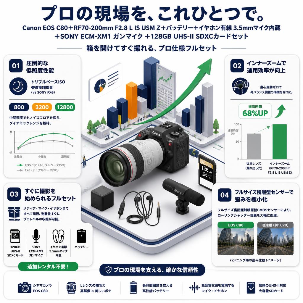 Canon EOS C80＋RF70-200mm F2.8 L IS USM Z＋バッテリー＋イヤホン有線 3.5mmマイク内蔵＋SONY ECM-XM1 ガンマイク ＋128GB  UHS-II SDXCカードセット セールスポイント
