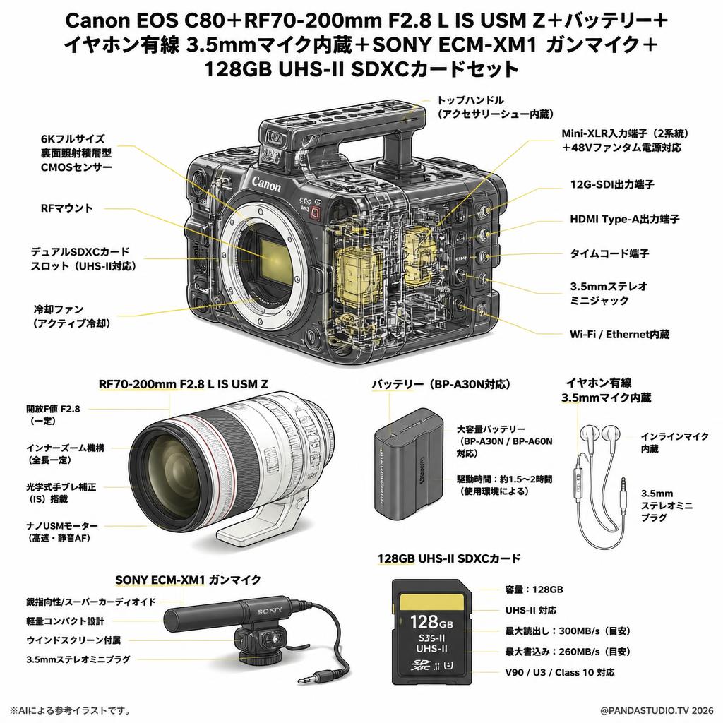 Canon EOS C80＋RF70-200mm F2.8 L IS USM Z＋バッテリー＋イヤホン有線 3.5mmマイク内蔵＋SONY ECM-XM1 ガンマイク ＋128GB  UHS-II SDXCカードセット スペック