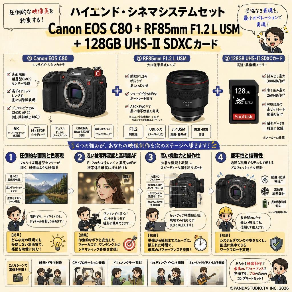 Canon EOS C80＋RF85mm F1.2 L USM＋128GB UHS-II SDXCカード 概要