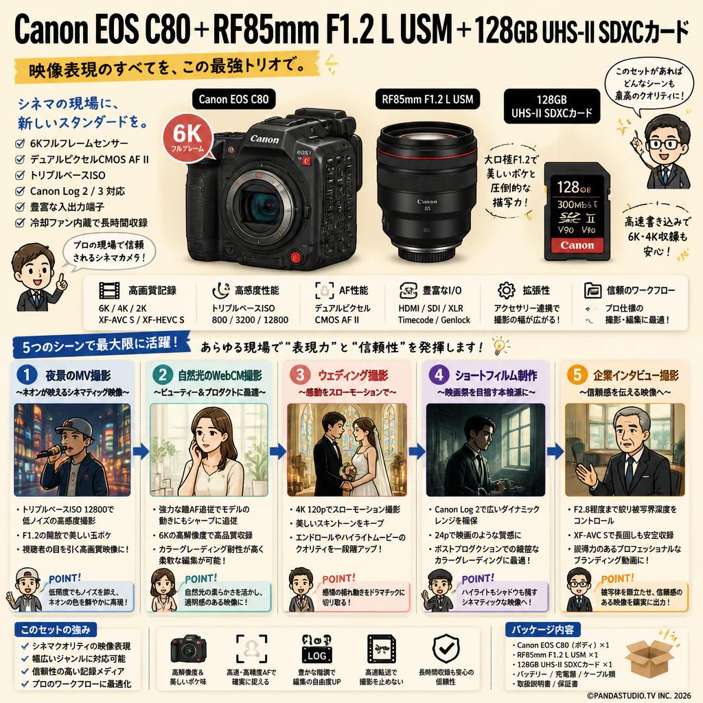 Canon EOS C80＋RF85mm F1.2 L USM＋128GB UHS-II SDXCカード 用途