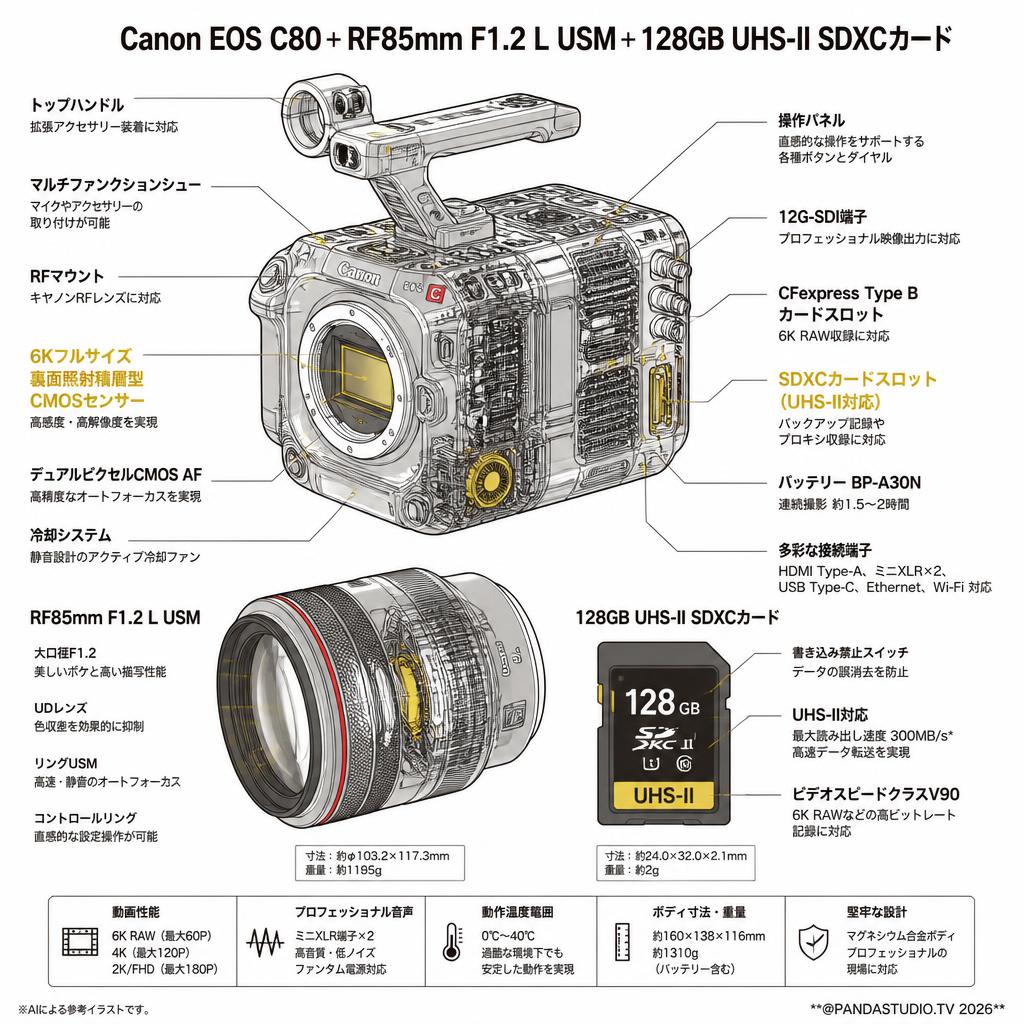 Canon EOS C80＋RF85mm F1.2 L USM＋128GB UHS-II SDXCカード スペック