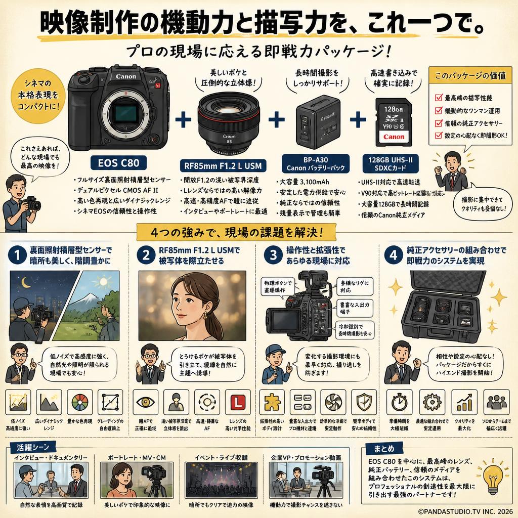 Canon EOS C80＋RF85mm F1.2 L USM＋BP-A30 Canon バッテリーパック＋128GB UHS-II SDXCカード 概要