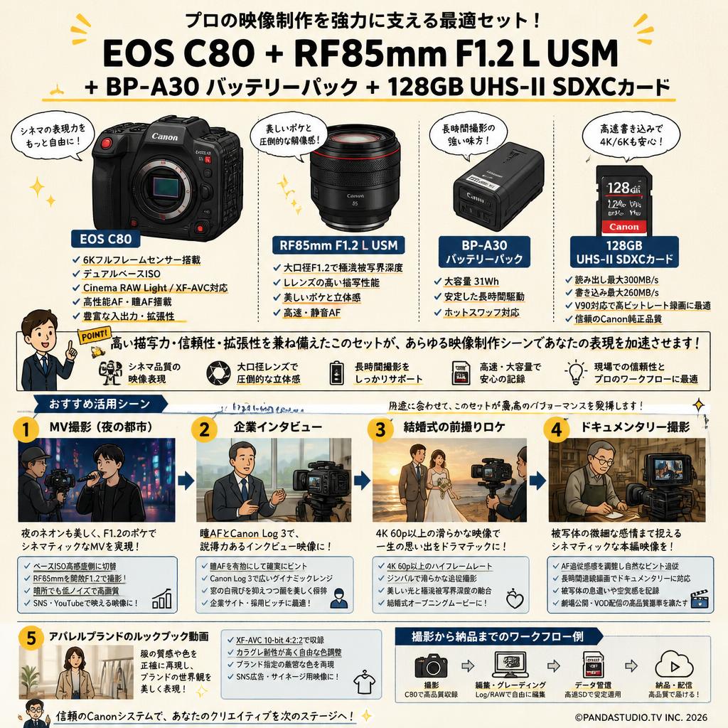 Canon EOS C80＋RF85mm F1.2 L USM＋BP-A30 Canon バッテリーパック＋128GB UHS-II SDXCカード 用途