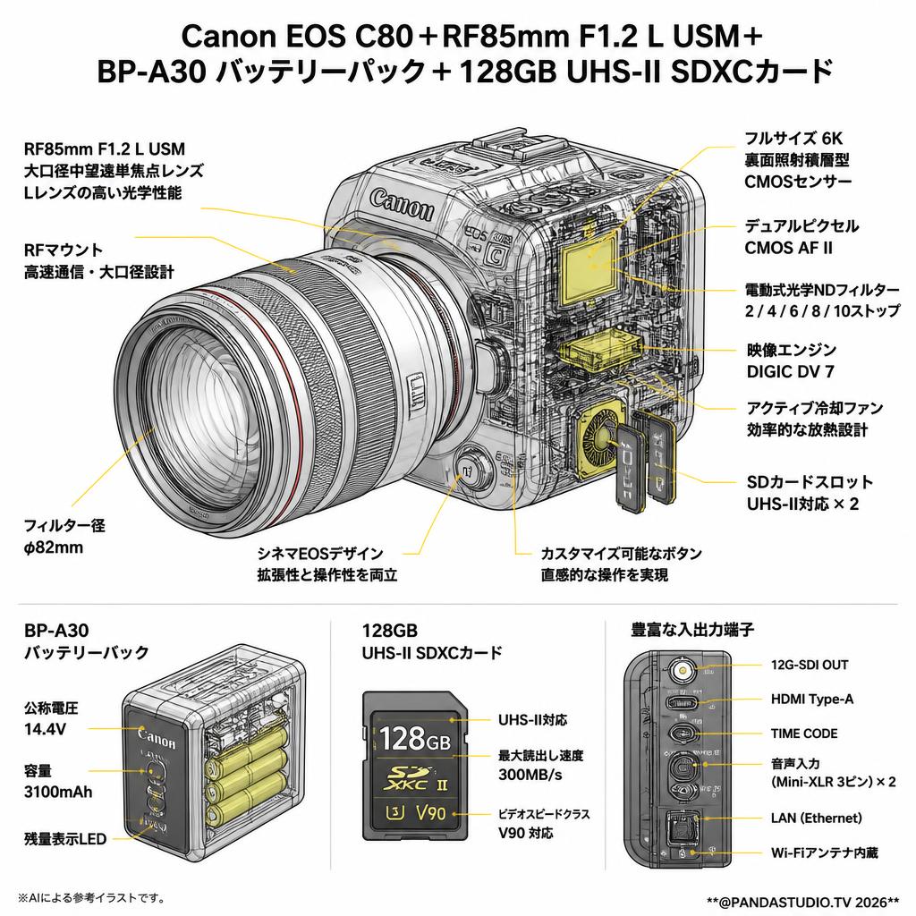 Canon EOS C80＋RF85mm F1.2 L USM＋BP-A30 Canon バッテリーパック＋128GB UHS-II SDXCカード スペック