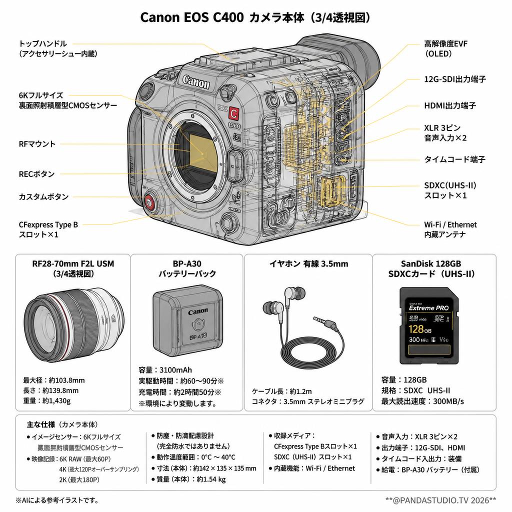 Canon EOS C400 ＋RF28-70mm F2L USM＋BP-A30バッテリーパック+イヤホン有線 3.5mm＋SanDisk 128GB SDXCカードセット スペック