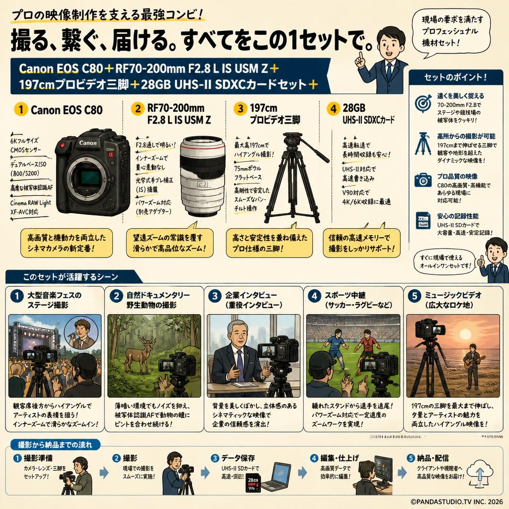 Canon EOS C80＋RF70-200mm F2.8 L IS USM Z＋197cmプロビデオ三脚＋28GB  UHS-II SDXCカードセット 用途
