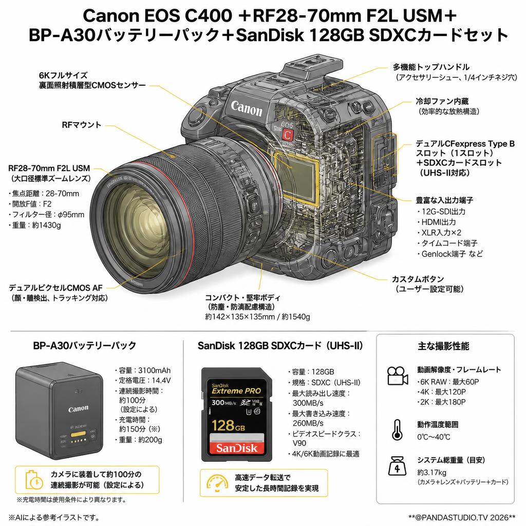 Canon EOS C400 ＋RF28-70mm F2L USM＋BP-A30バッテリーパック＋SanDisk 128GB SDXCカードセット スペック