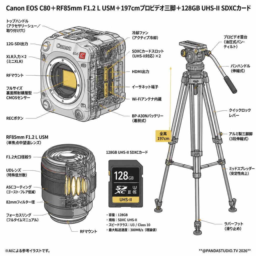 Canon EOS C80＋RF85mm F1.2 L USM＋197cmプロビデオ三脚＋128GB UHS-II SDXCカード スペック
