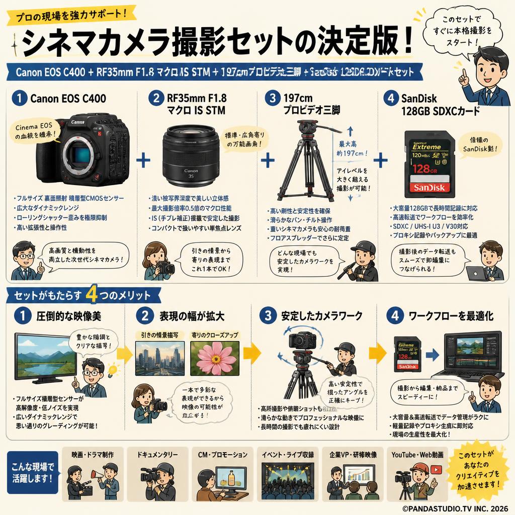 Canon EOS C400 ＋RF35mm F1.8 マクロ IS STM＋197cmプロビデオ三脚＋SanDisk 128GB SDXCカードセット 概要