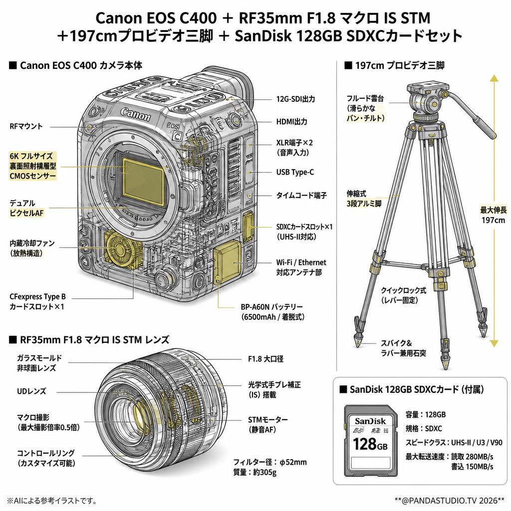 Canon EOS C400 ＋RF35mm F1.8 マクロ IS STM＋197cmプロビデオ三脚＋SanDisk 128GB SDXCカードセット スペック