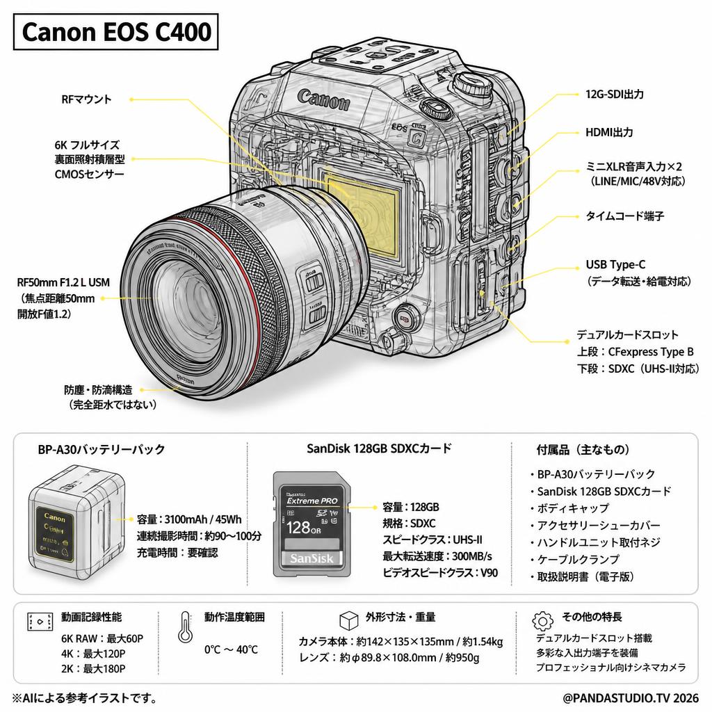 Canon EOS C400 ＋RF50mm F1.2 L USM＋BP-A30バッテリーパック＋SanDisk 128GB SDXCカードセット スペック
