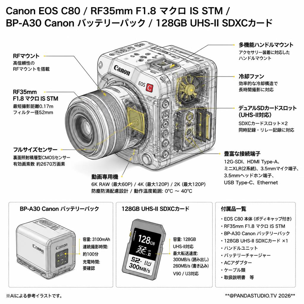 Canon EOS C80 / RF35mm F1.8 マクロ IS STM / BP-A30 Canon バッテリーパック / 128GB UHS-II SDXCカード スペック