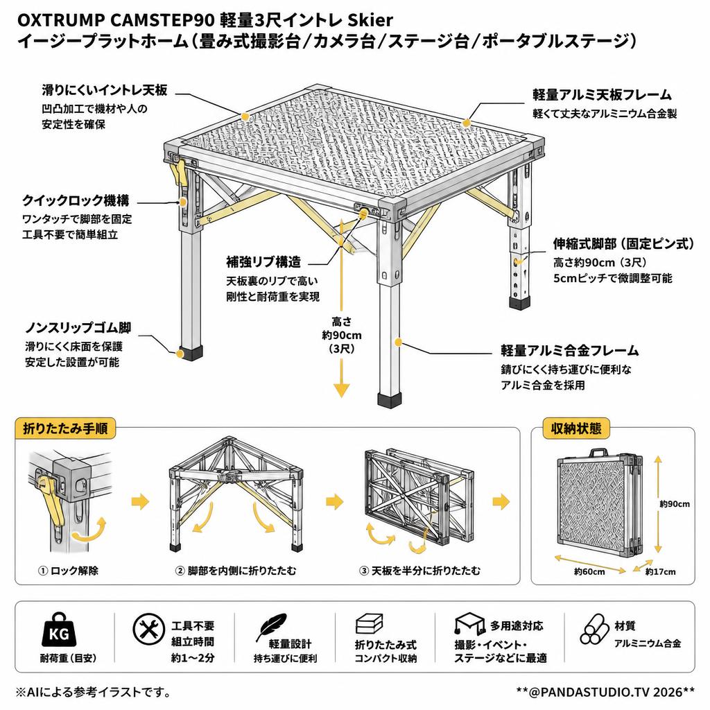 OXTRUMP CAMSTEP90 軽量3尺イントレ Skier イージープラットホーム (畳み式撮影台/カメラ台/ステージ台/ポータブルステージ）【PROKIZAI.COM】 スペック
