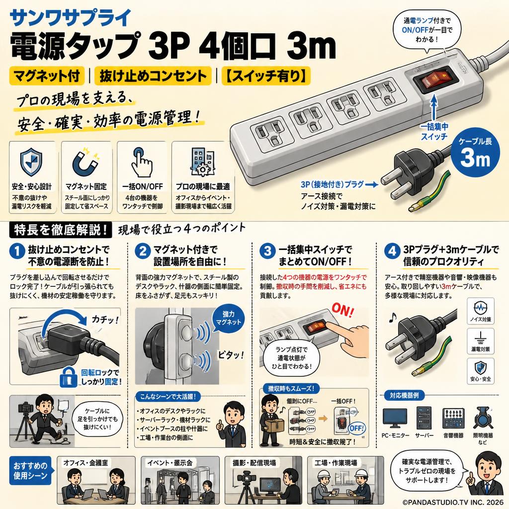 サンワサプライ 電源タップ 3P 4個口 3m マグネット付 抜け止めコンセント 【スイッチ有り】 概要