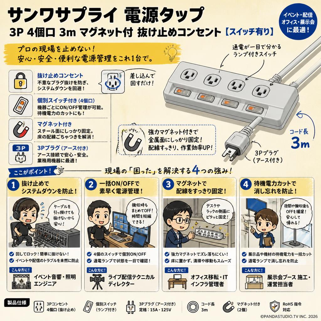 サンワサプライ 電源タップ 3P 4個口 3m マグネット付 抜け止めコンセント 【スイッチ有り】 おもな対象のお客様