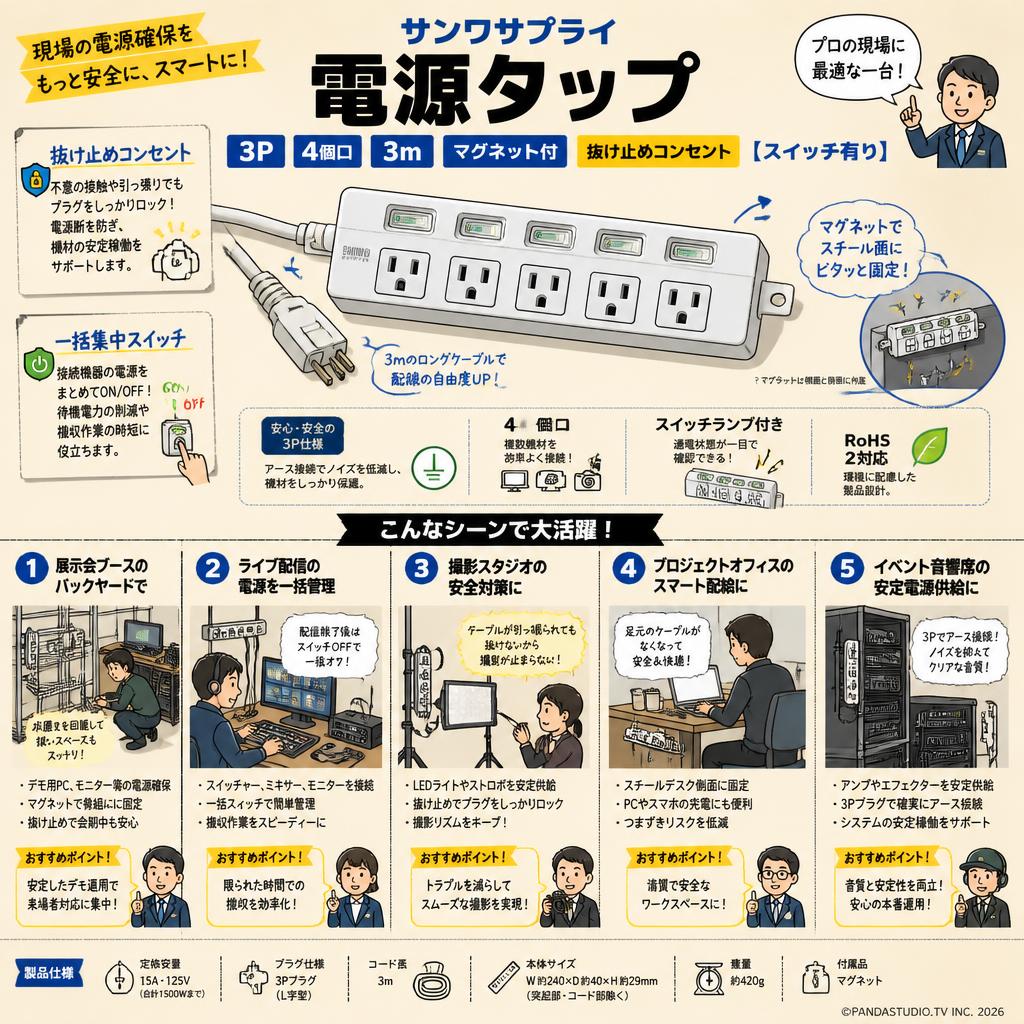 サンワサプライ 電源タップ 3P 4個口 3m マグネット付 抜け止めコンセント 【スイッチ有り】 用途