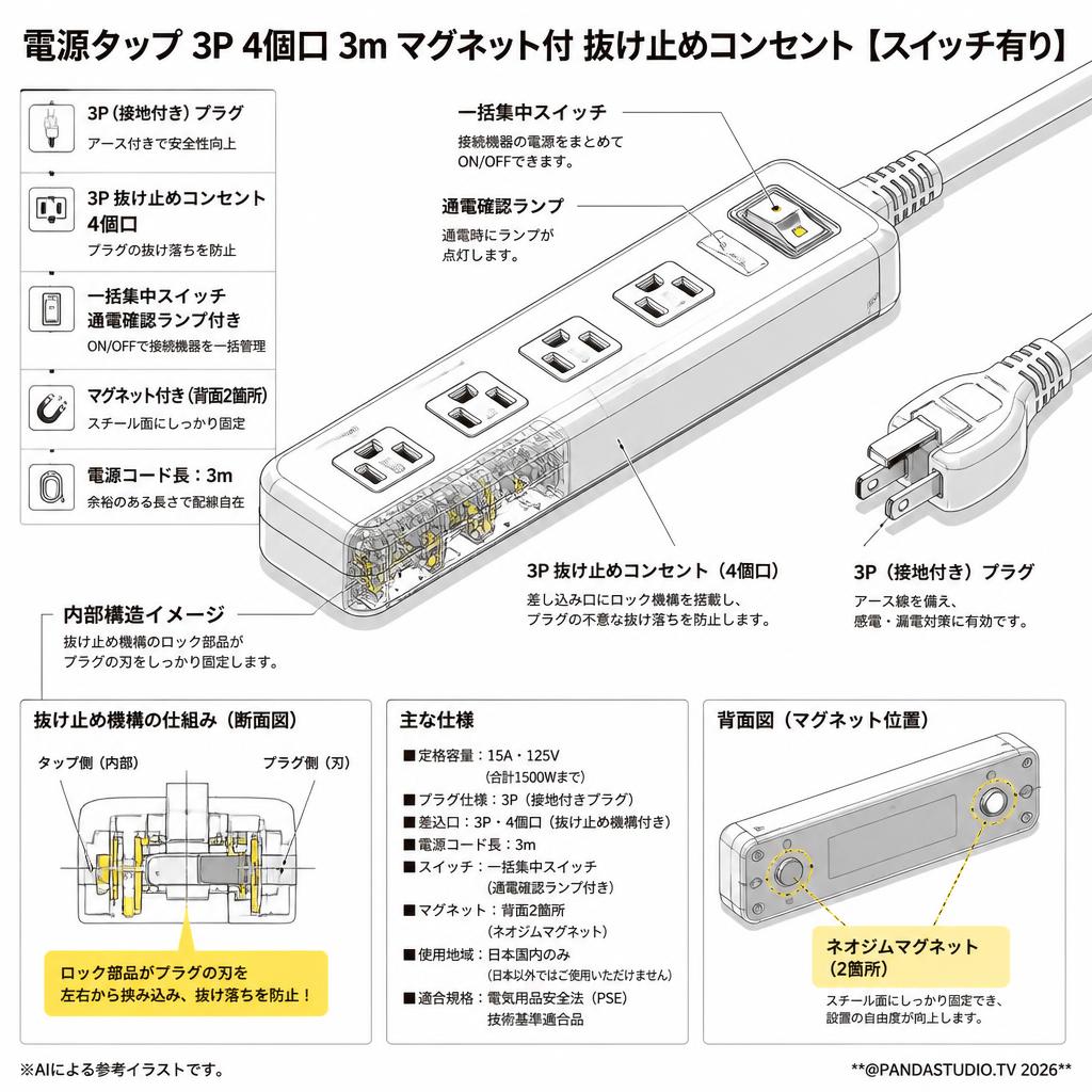 サンワサプライ 電源タップ 3P 4個口 3m マグネット付 抜け止めコンセント 【スイッチ有り】 スペック