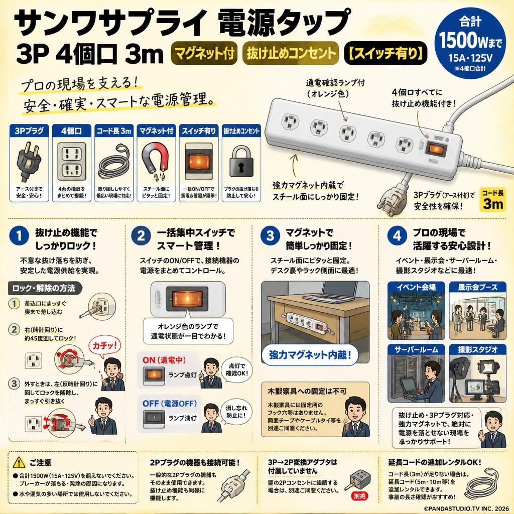 サンワサプライ 電源タップ 3P 4個口 3m マグネット付 抜け止めコンセント 【スイッチ有り】 FAQ（よくある質問と答え）