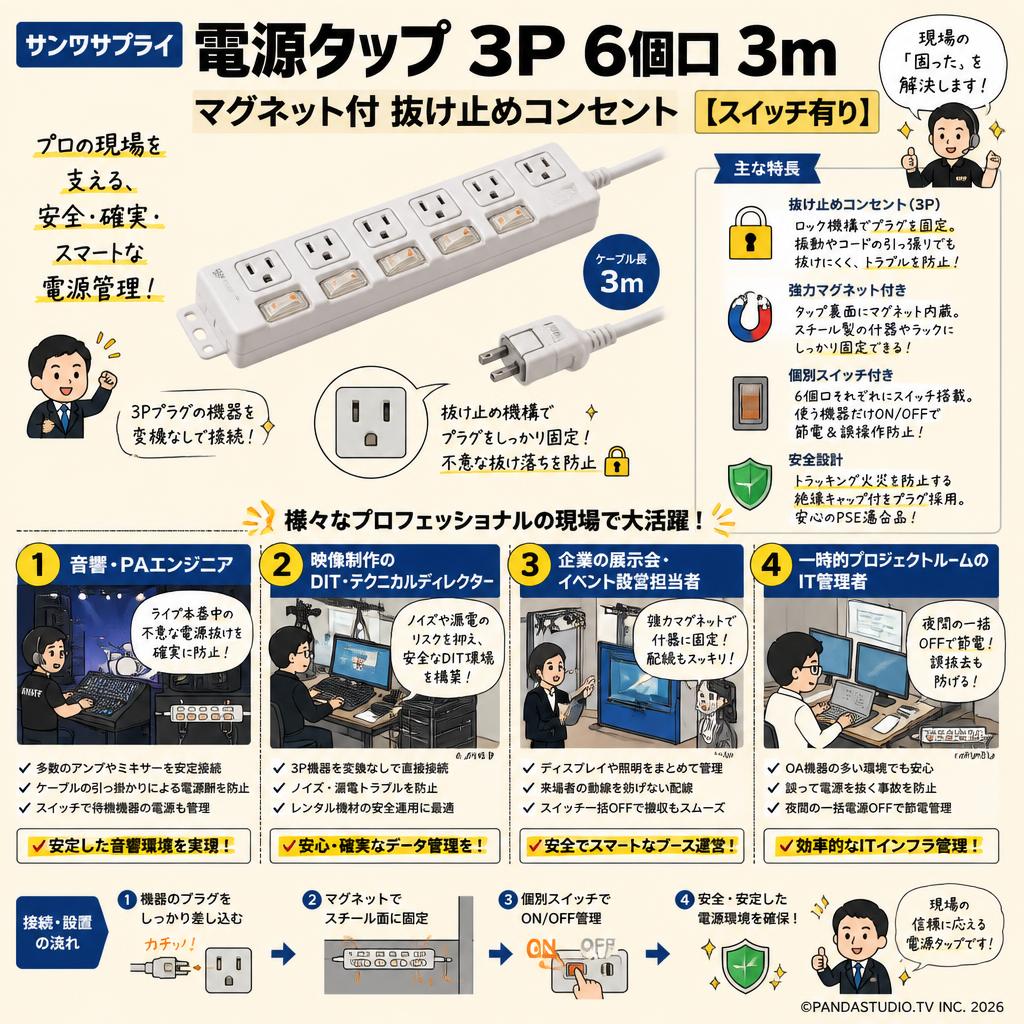 サンワサプライ 電源タップ 3P 6個口 3m マグネット付 抜け止めコンセント 【スイッチ有り】 おもな対象のお客様
