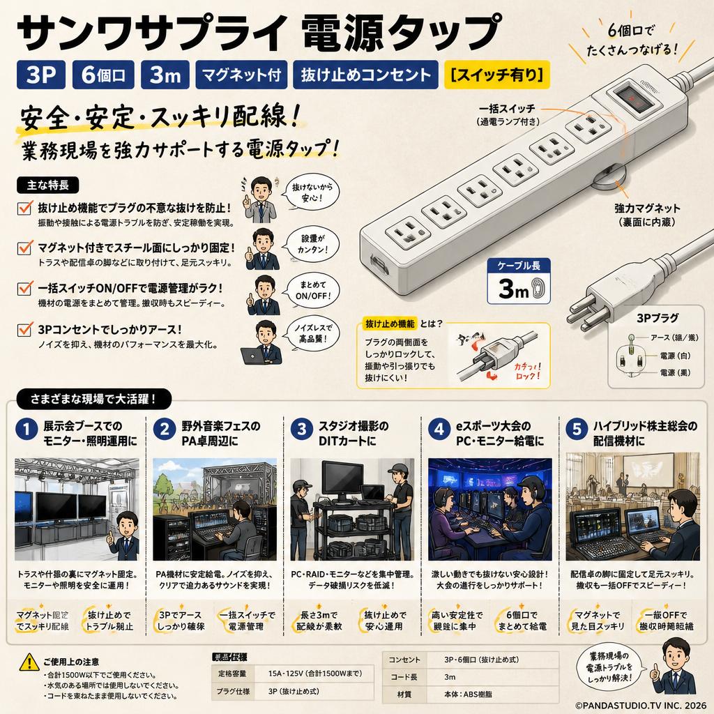 サンワサプライ 電源タップ 3P 6個口 3m マグネット付 抜け止めコンセント 【スイッチ有り】 用途
