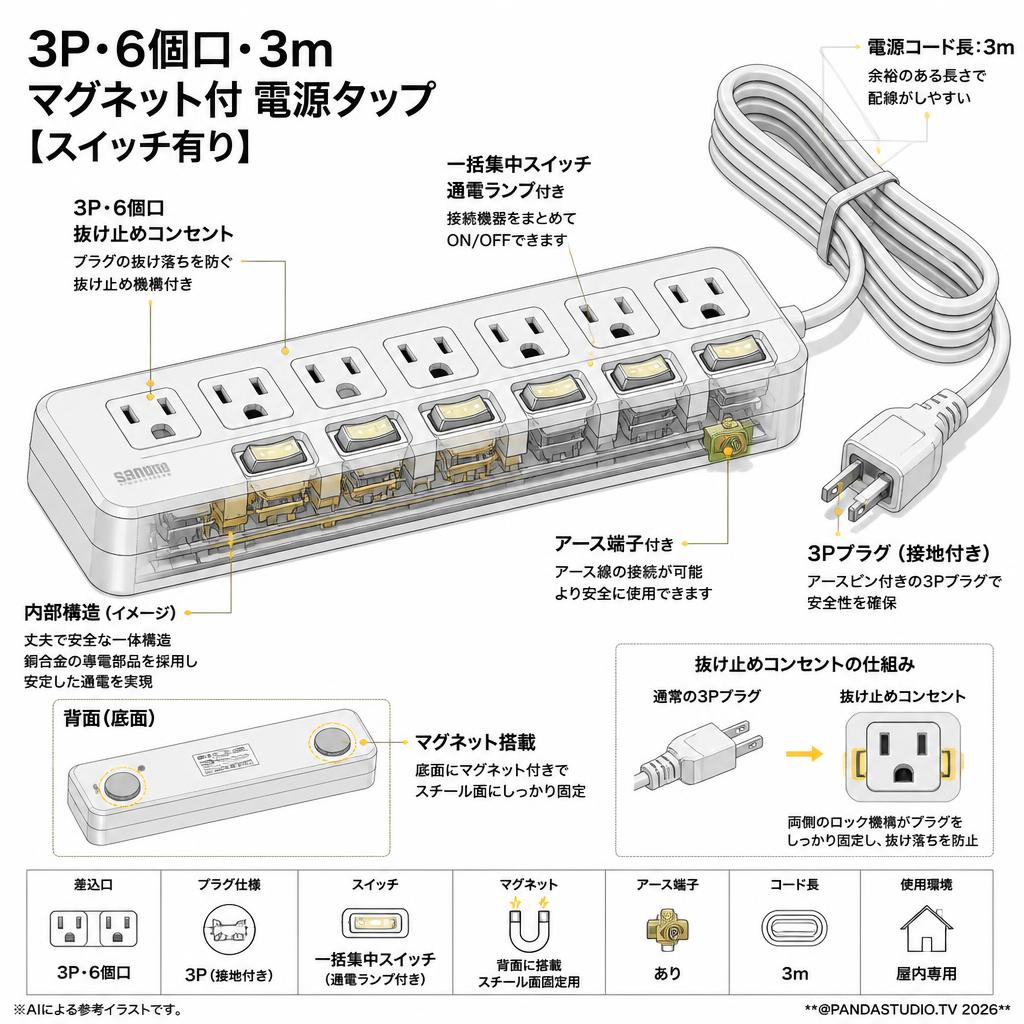 サンワサプライ 電源タップ 3P 6個口 3m マグネット付 抜け止めコンセント 【スイッチ有り】 スペック