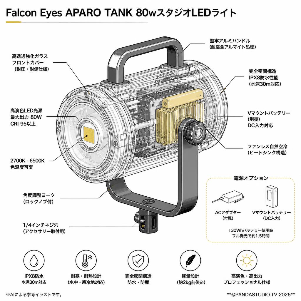 Falcon Eyes APARO TANK 80wスタジオLEDライト【PROKIZAI.COM】 スペック