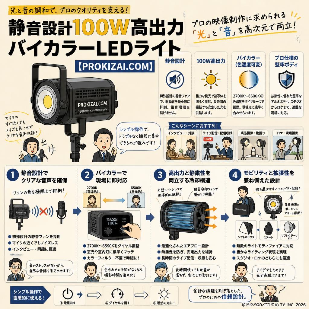 静音設計100W高出力バイカラーLEDライト【PROKIZAI.COM】 概要