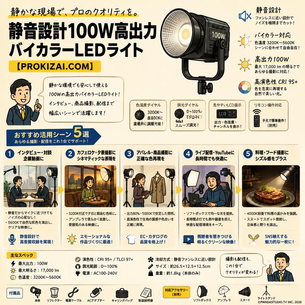 静音設計100W高出力バイカラーLEDライト【PROKIZAI.COM】 用途