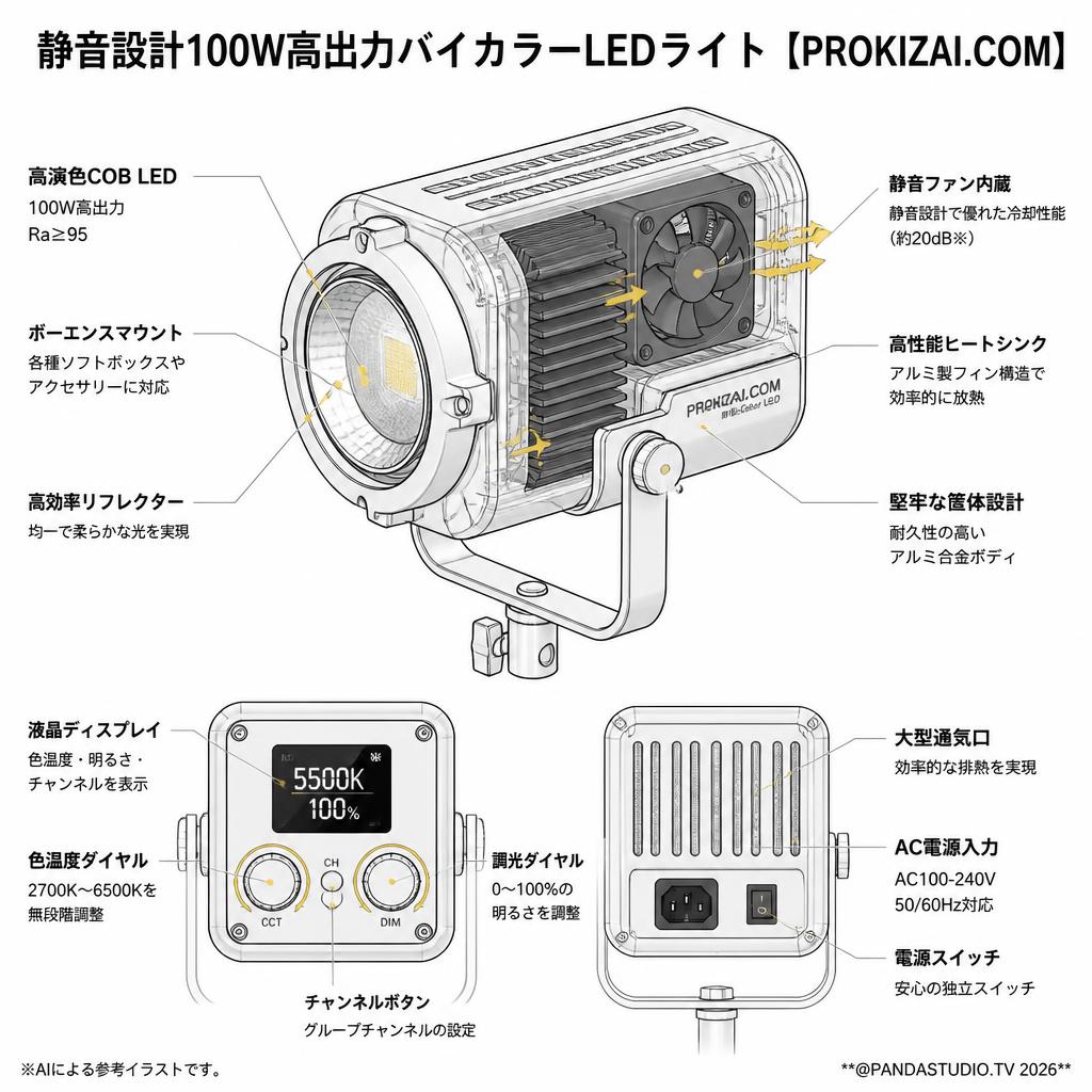 静音設計100W高出力バイカラーLEDライト【PROKIZAI.COM】 スペック