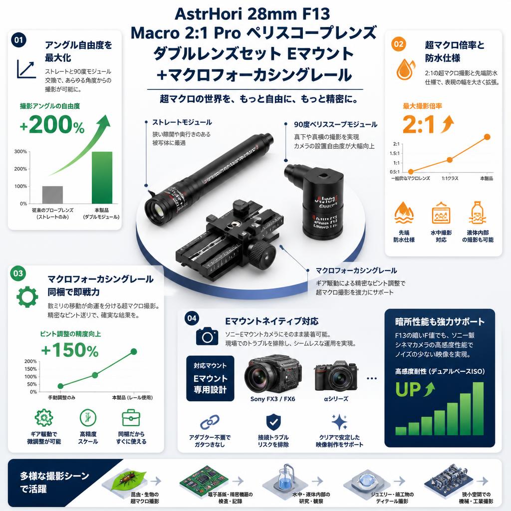AstrHori 28mm F13 Macro 2:1 Pro ペリスコープレンズ ダブルレンズセット Eマウント ＋マクロフォーカシングレール セールスポイント