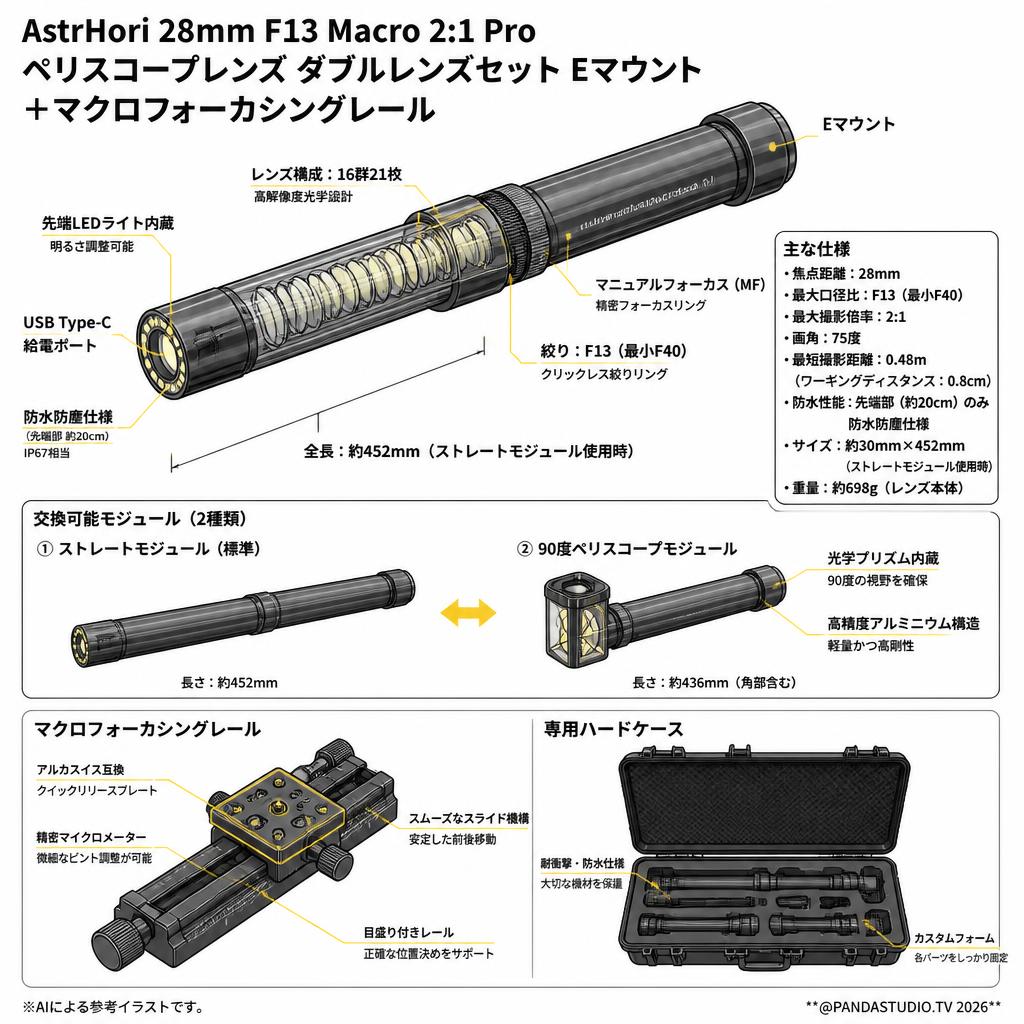 AstrHori 28mm F13 Macro 2:1 Pro ペリスコープレンズ ダブルレンズセット Eマウント ＋マクロフォーカシングレール スペック