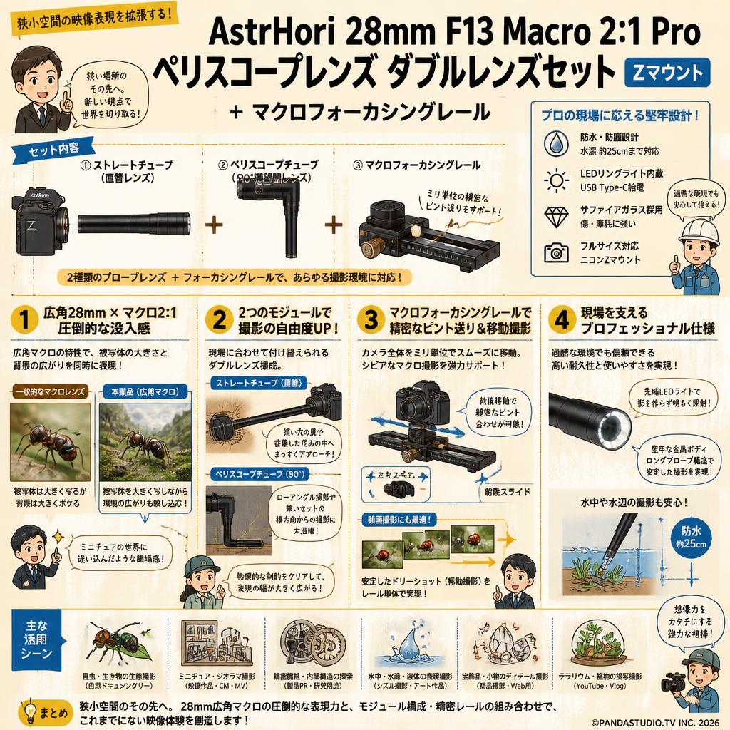 AstrHori 28mm F13 Macro 2:1 Pro ペリスコープレンズ ダブルレンズセット Zマウント ＋マクロフォーカシングレール 概要