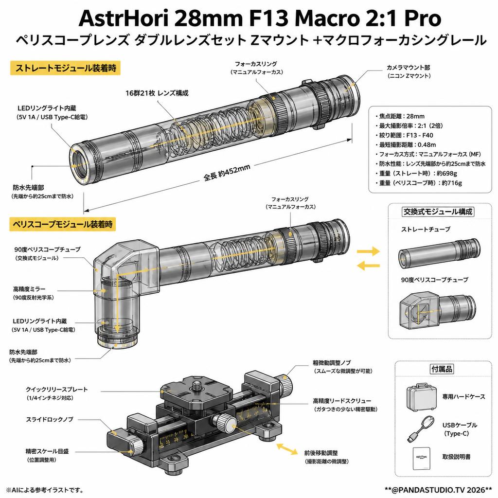 AstrHori 28mm F13 Macro 2:1 Pro ペリスコープレンズ ダブルレンズセット Zマウント ＋マクロフォーカシングレール スペック