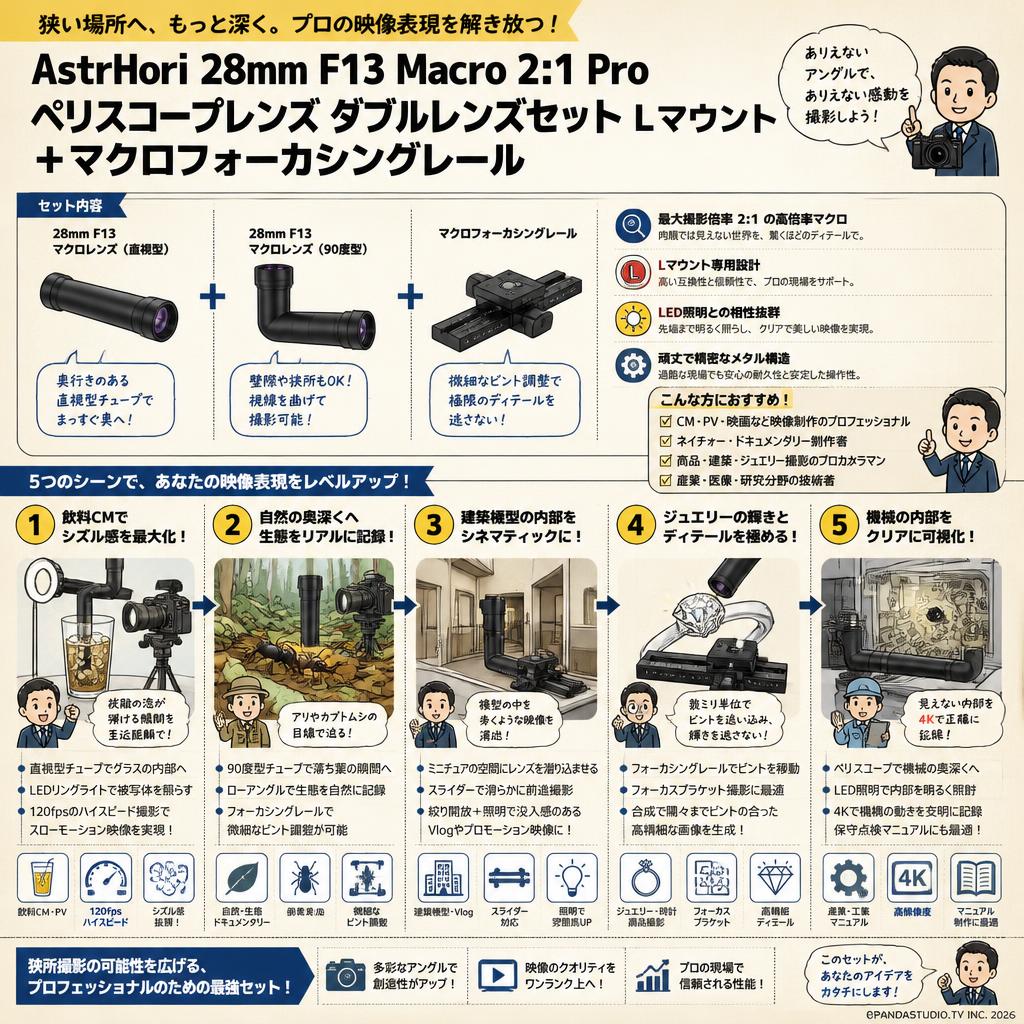 AstrHori 28mm F13 Macro 2:1 Pro ペリスコープレンズ ダブルレンズセット Lマウント ＋マクロフォーカシングレール 用途