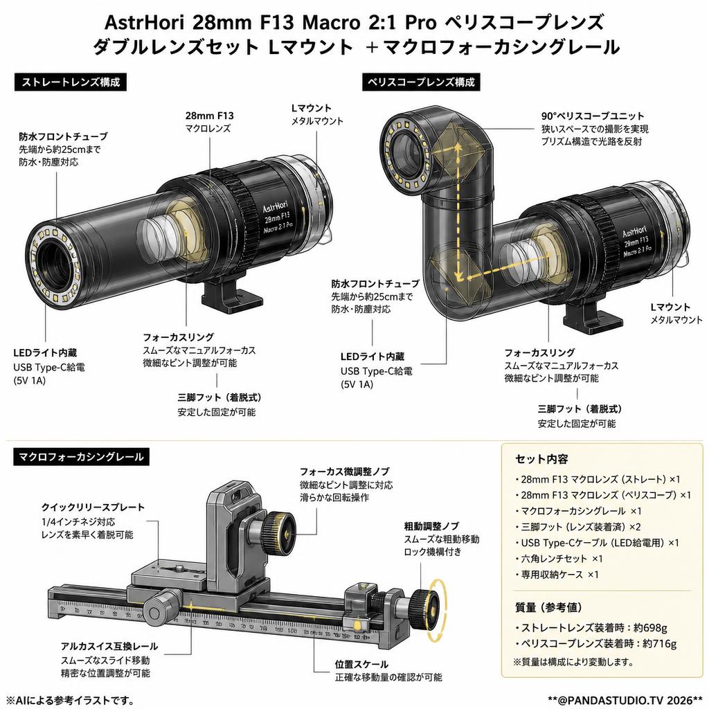 AstrHori 28mm F13 Macro 2:1 Pro ペリスコープレンズ ダブルレンズセット Lマウント ＋マクロフォーカシングレール スペック
