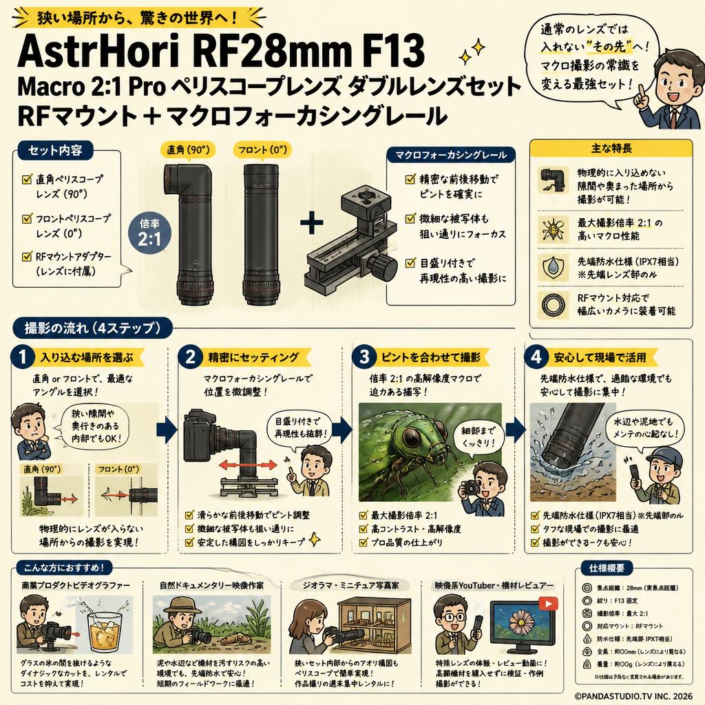 AstrHori RF28mm F13 Macro 2:1 Pro ペリスコープレンズ ダブルレンズセット RFマウント ＋マクロフォーカシングレール おもな対象のお客様