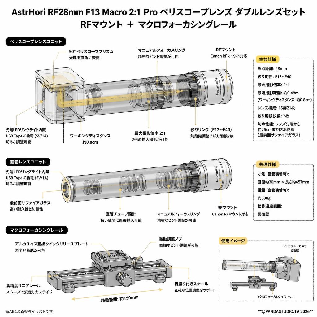 AstrHori RF28mm F13 Macro 2:1 Pro ペリスコープレンズ ダブルレンズセット RFマウント ＋マクロフォーカシングレール スペック