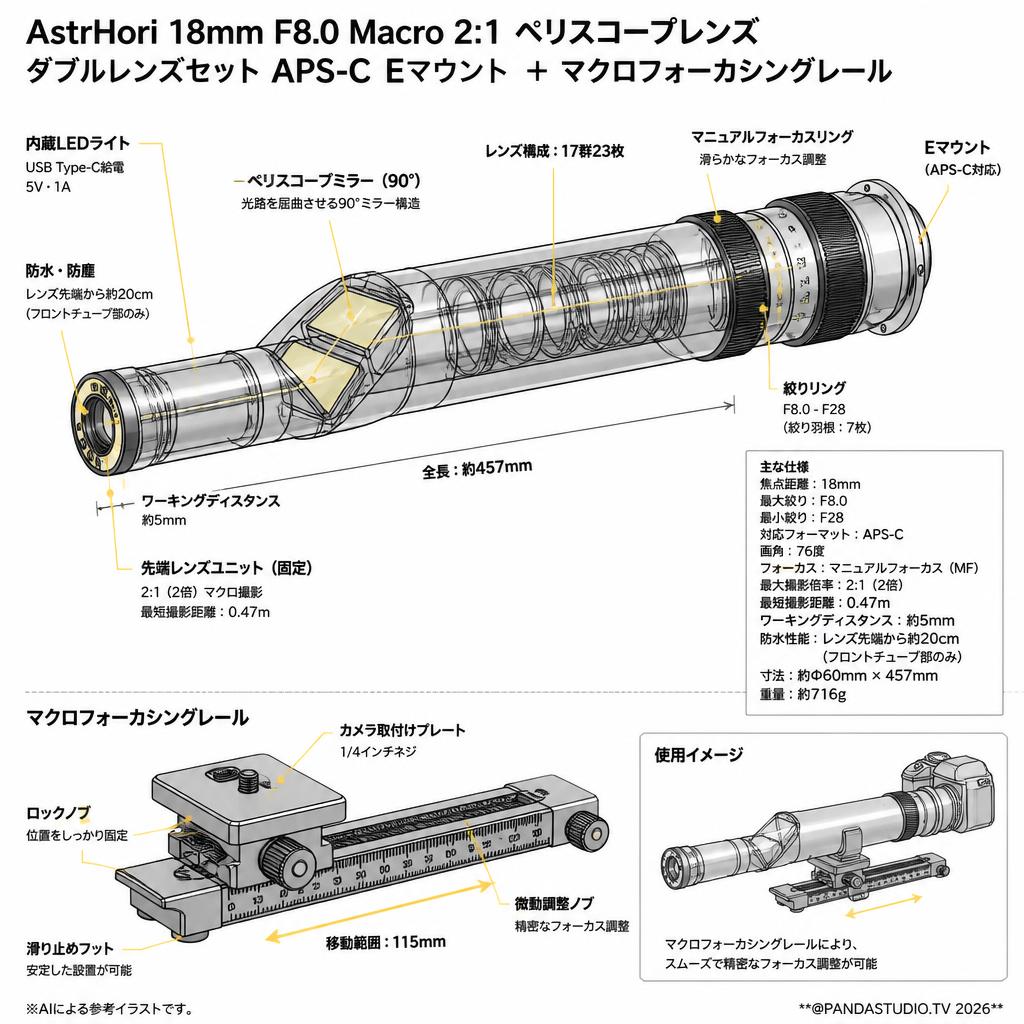 AstrHori 18mm F8.0 Macro 2:1 ペリスコープレンズ ダブルレンズセットAPS-C Eマウント ＋マクロフォーカシングレール スペック