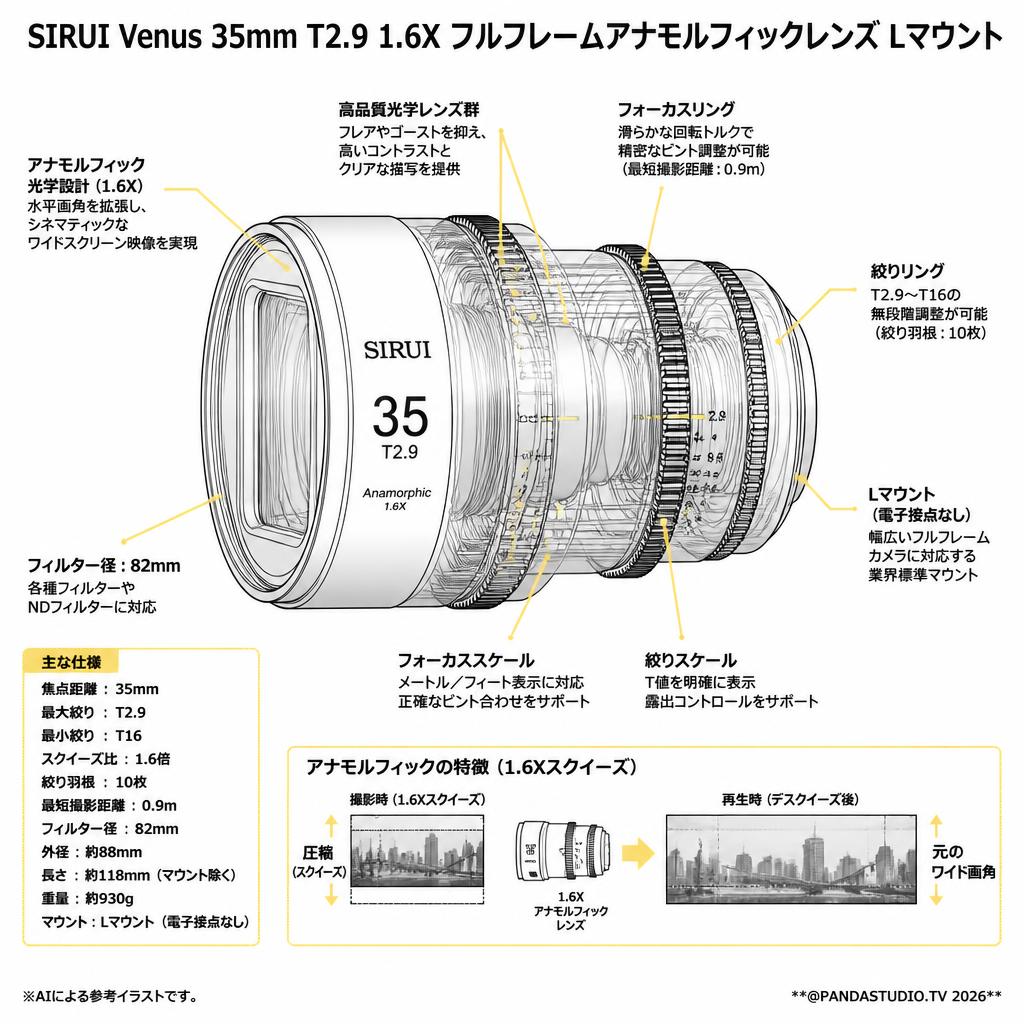 SIRUI Venus 35mm T2.9 1.6X フルフレームアナモルフィックレンズ Lマウント スペック
