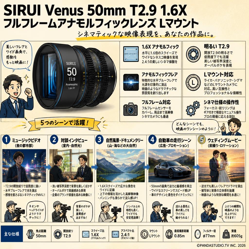 SIRUI Venus 50mm T2.9 1.6X フルフレームアナモルフィックレンズ Lマウント 用途