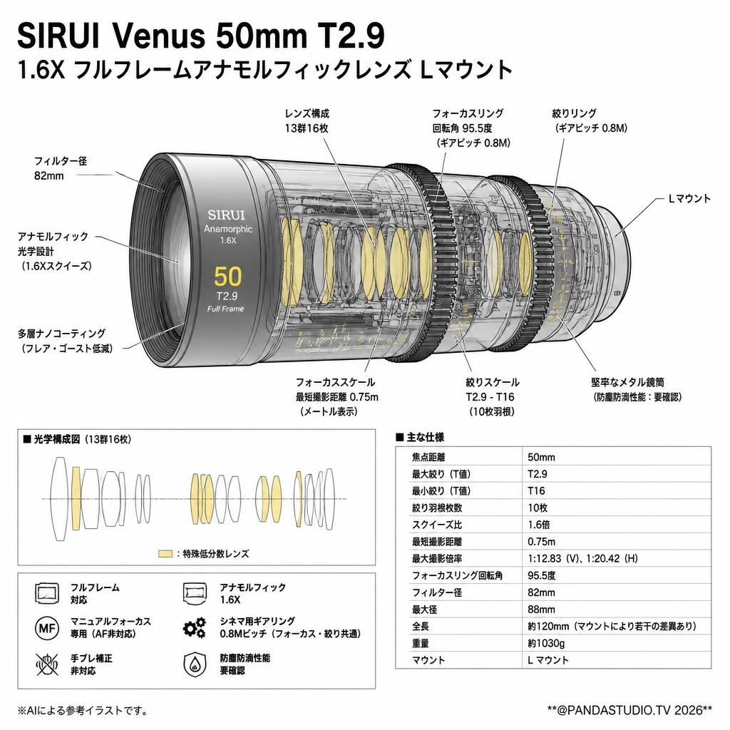 SIRUI Venus 50mm T2.9 1.6X フルフレームアナモルフィックレンズ Lマウント スペック
