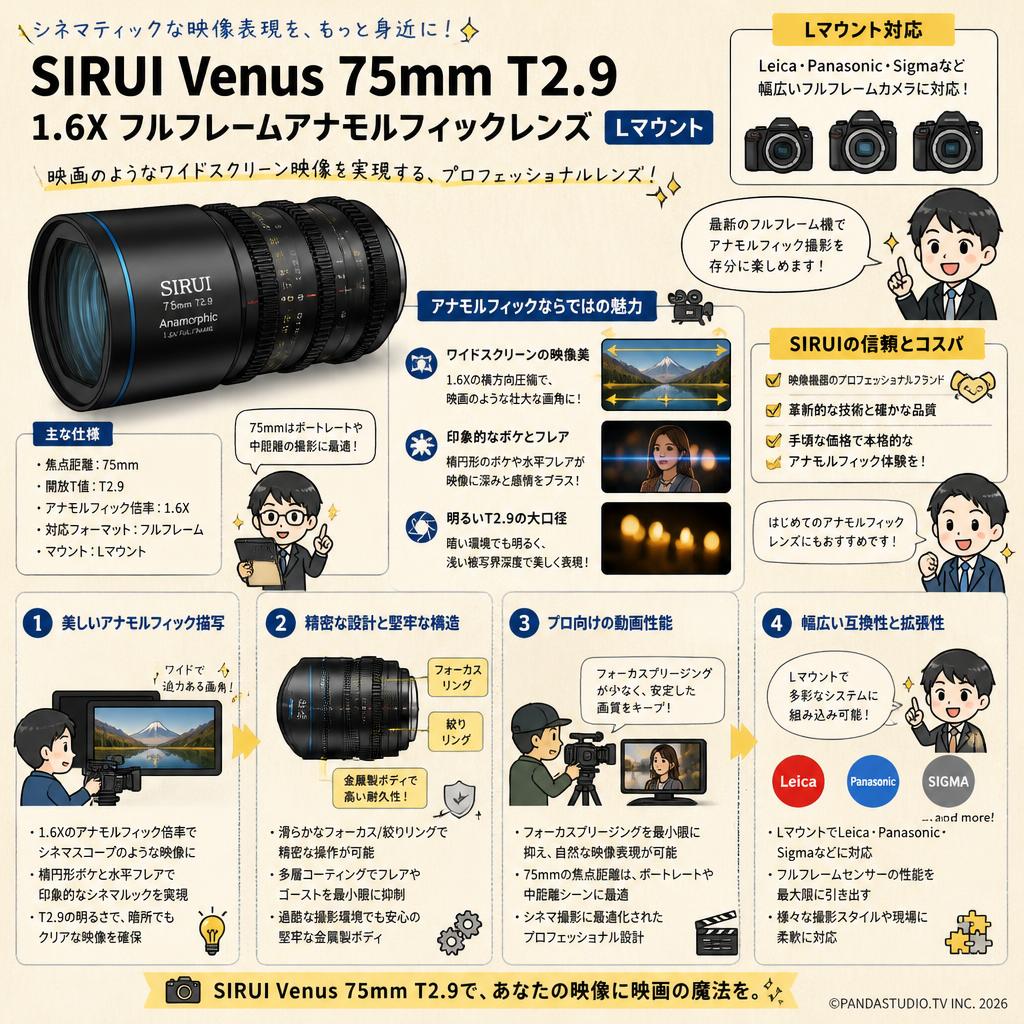 SIRUI Venus 75mm T2.9 1.6X フルフレームアナモルフィックレンズ Lマウント 概要
