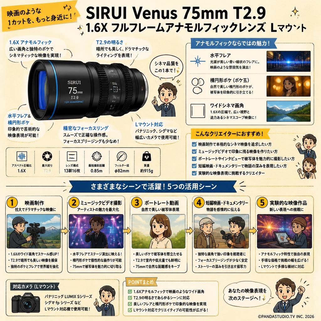 SIRUI Venus 75mm T2.9 1.6X フルフレームアナモルフィックレンズ Lマウント 用途