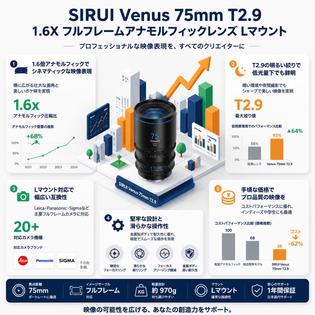 SIRUI Venus 75mm T2.9 1.6X フルフレームアナモルフィックレンズ Lマウント セールスポイント