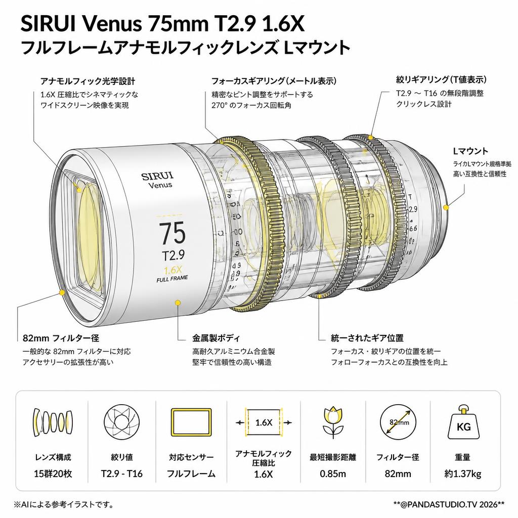 SIRUI Venus 75mm T2.9 1.6X フルフレームアナモルフィックレンズ Lマウント スペック