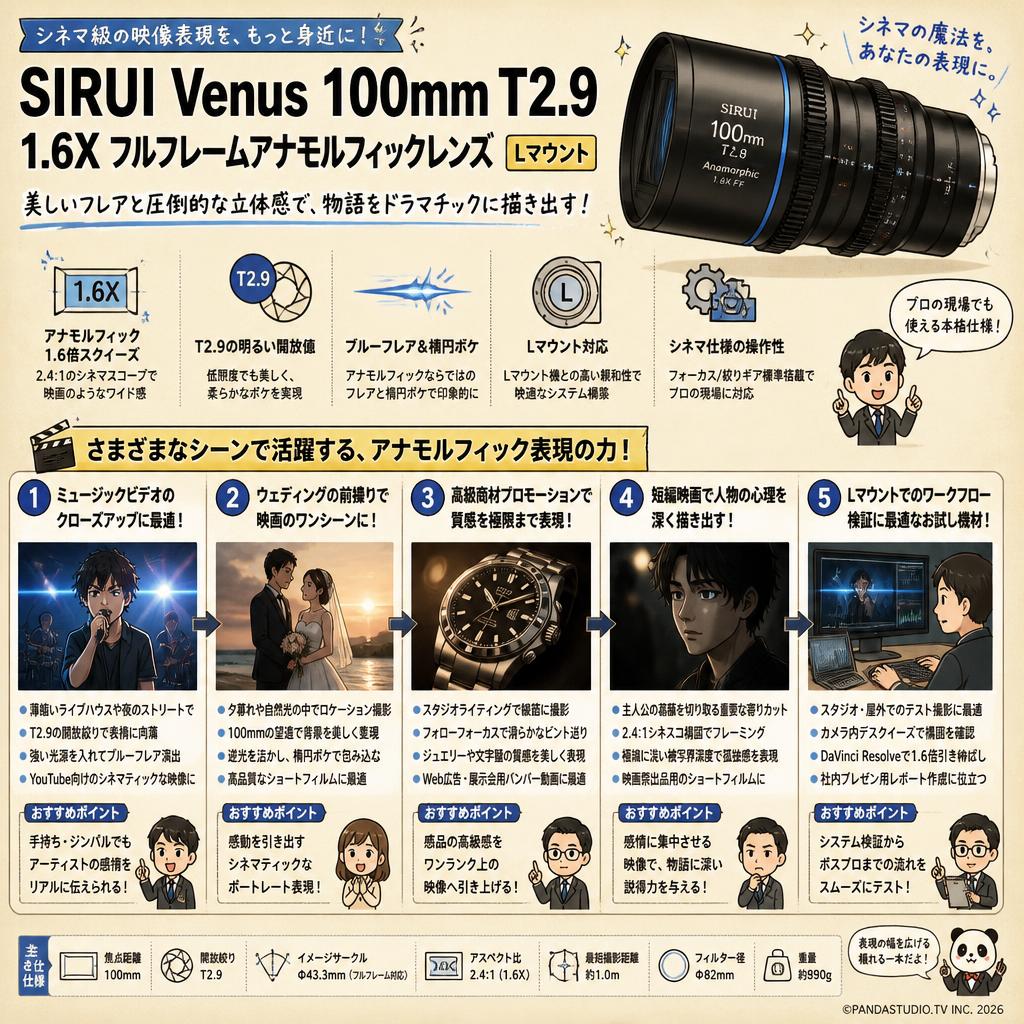 SIRUI Venus 100mm T2.9 1.6X フルフレームアナモルフィックレンズ Lマウント 用途