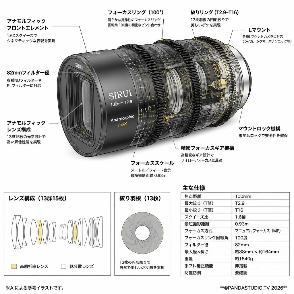 SIRUI Venus 100mm T2.9 1.6X フルフレームアナモルフィックレンズ Lマウント スペック
